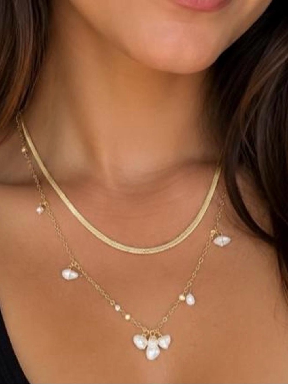 Gold Pearl Charm Layered Necklace - Women Jewelry